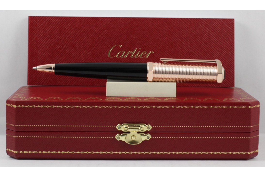 Cartier OP000161 Santos Dumont Black Composite Body Screw Thread Guiloche Pink Gold Ball Pen